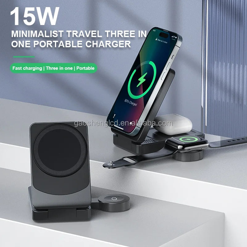 2025 3 in 1 Wireless Charger Station 15w 3 in 1 Foldable Cube Rotating Wireless Charger Magnetic Charging Holder for iPhone
