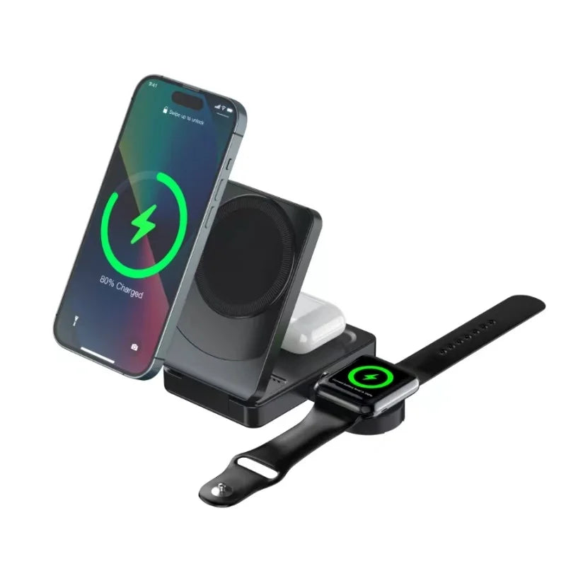 2025 3 in 1 Wireless Charger Station 15w 3 in 1 Foldable Cube Rotating Wireless Charger Magnetic Charging Holder for iPhone