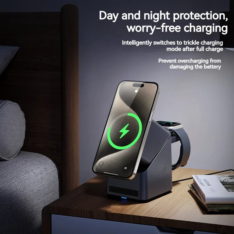 4in1 Electric Rotating Magnetic 15W Wireless Charger Time Display Touch Rotation for  iPhone Watch AirPods Ideal Charging Stand
