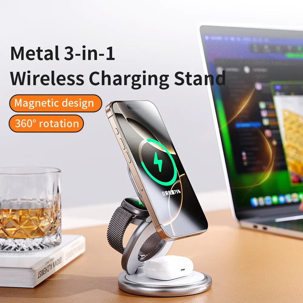 3 In 1 Zinc Alloy Magnetic Fast Wireless Charger Stand Portable Charging Station For iPhone 16 15 14 iWatch 8 7 6 5 4 SE Airpods