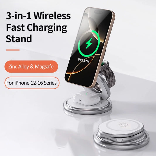 3 In 1 Zinc Alloy Magnetic Fast Wireless Charger Stand Portable Charging Station For iPhone 16 15 14 iWatch 8 7 6 5 4 SE Airpods