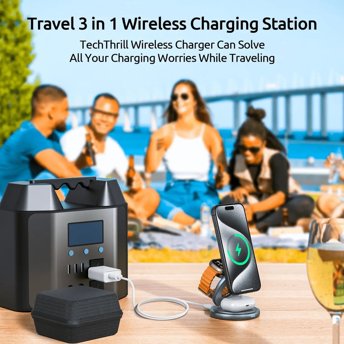 3 In 1 Zinc Alloy Magnetic Fast Wireless Charger Stand Portable Charging Station For iPhone 16 15 14 iWatch 8 7 6 5 4 SE Airpods