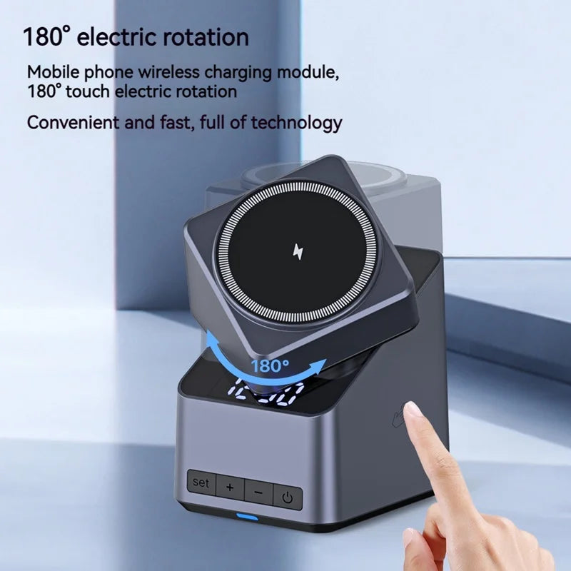 4in1 Electric Rotating Magnetic 15W Wireless Charger Time Display Touch Rotation for  iPhone Watch AirPods Ideal Charging Stand