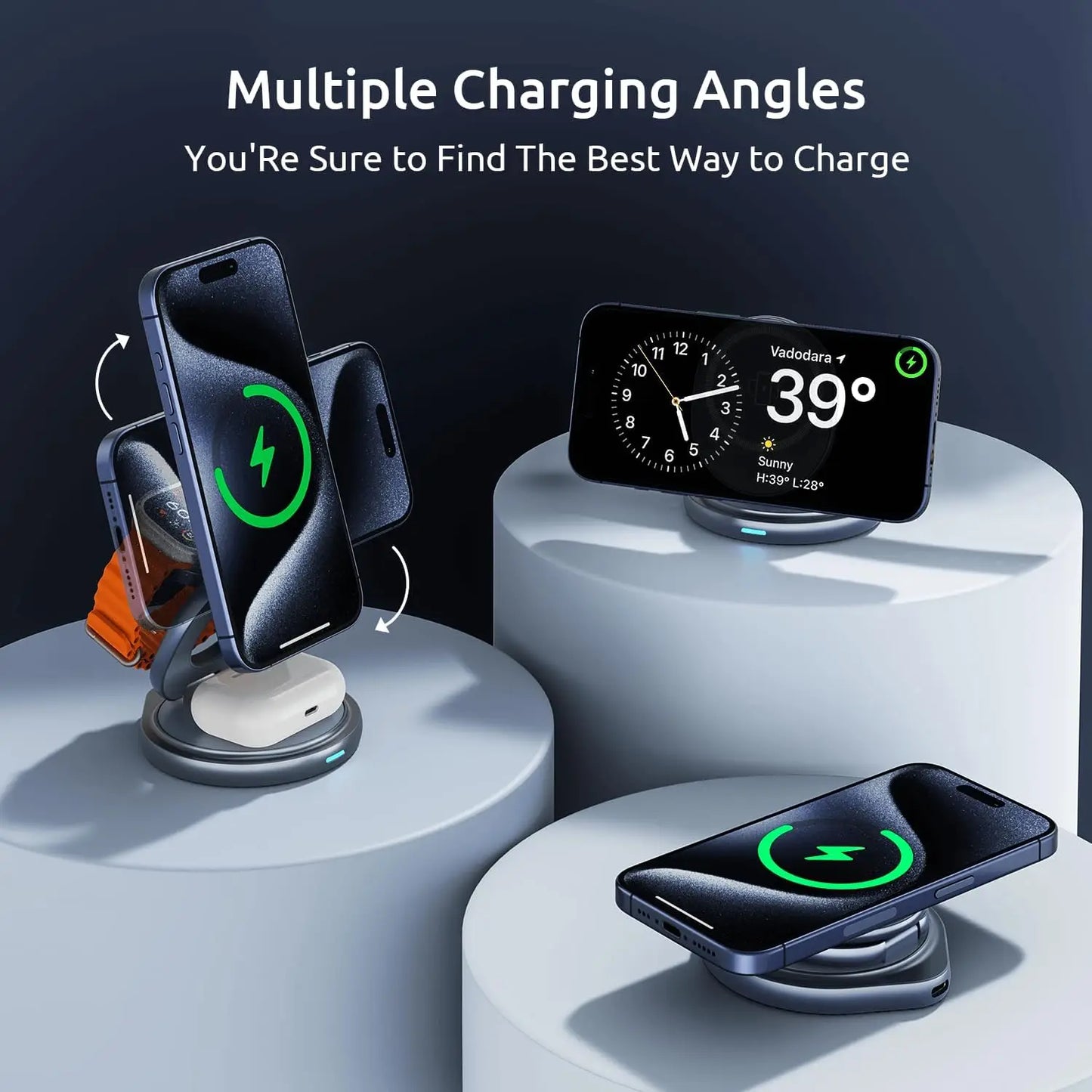 3 In 1 Zinc Alloy Magnetic Fast Wireless Charger Stand Portable Charging Station For iPhone 16 15 14 iWatch 8 7 6 5 4 SE Airpods