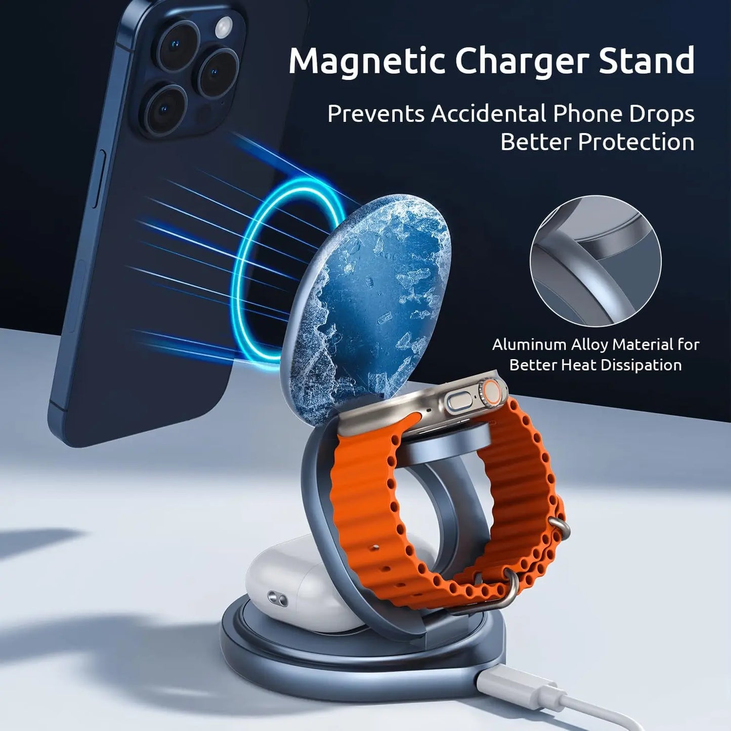 3 In 1 Zinc Alloy Magnetic Fast Wireless Charger Stand Portable Charging Station For iPhone 16 15 14 iWatch 8 7 6 5 4 SE Airpods