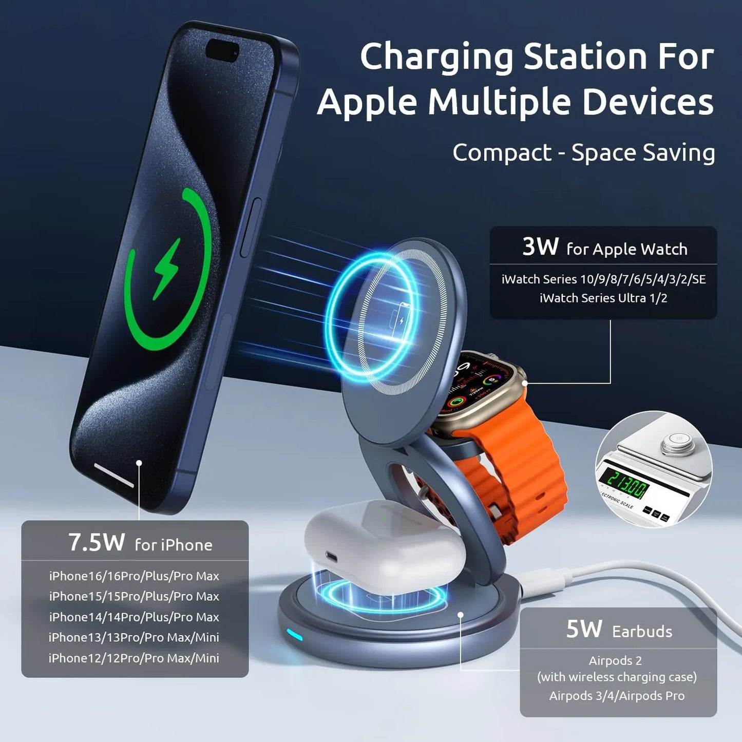 3 In 1 Zinc Alloy Magnetic Fast Wireless Charger Stand Portable Charging Station For iPhone 16 15 14 iWatch 8 7 6 5 4 SE Airpods