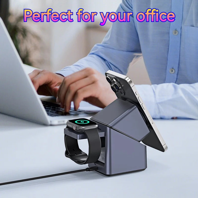 4in1 Electric Rotating Magnetic 15W Wireless Charger Time Display Touch Rotation for  iPhone Watch AirPods Ideal Charging Stand